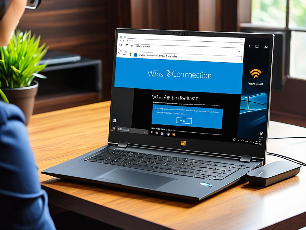 Интерфейс подключения ноутбука с Windows 10 по WPS c изображением роутера на экране