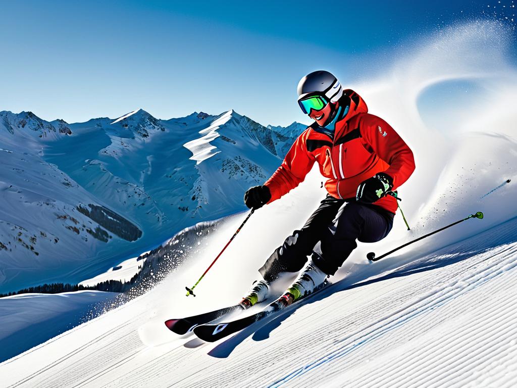 Лыжник делает поворот на трассе на фоне гор