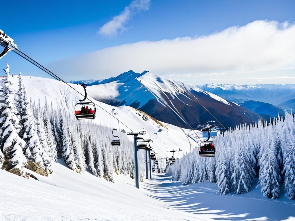 Кресельный подъемник везет лыжников и сноубордистов над снежной горой