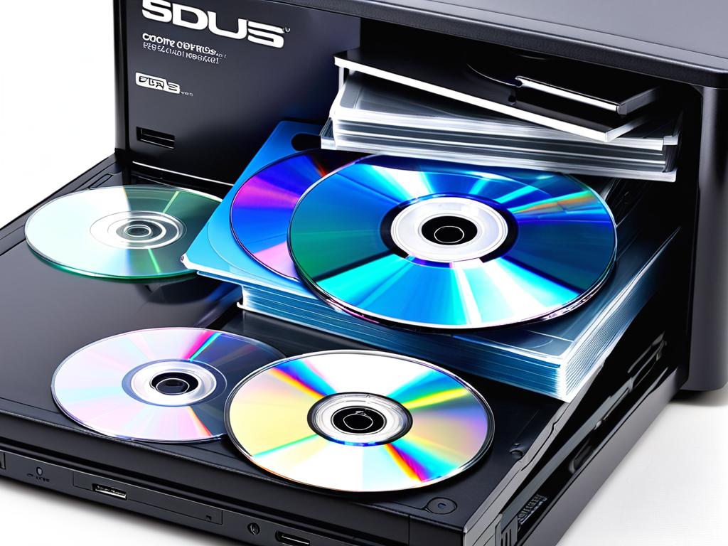 Стопка компакт-дисков и DVD дисков рядом с внешним жестким диском