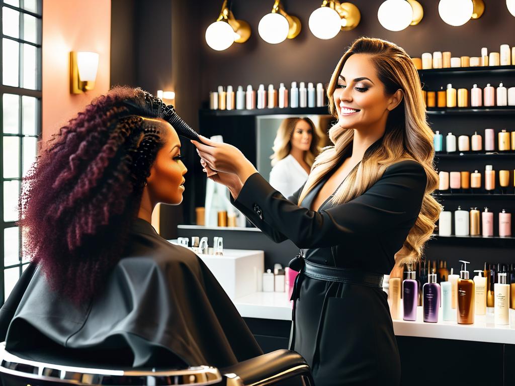 Женщина консультируется с парикмахером при выборе оттенка бальзама для волос