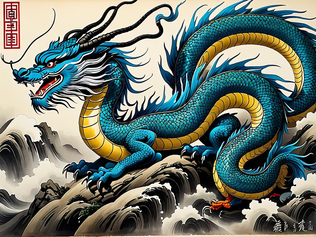 Старинная китайская картина тушью, изображающая дракона