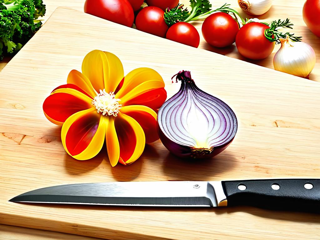 Овощи для приготовления лукового салата с ножом на разделочной доске
