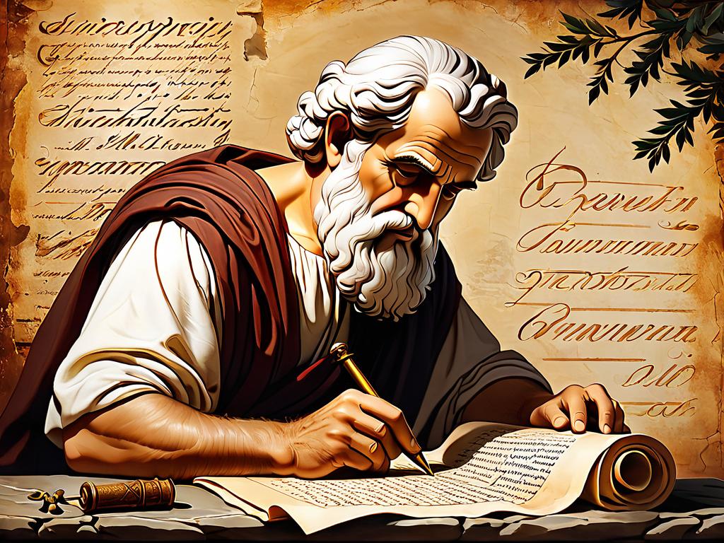 Древнегреческий философ пишет на свитке, олицетворяя античные корни философии