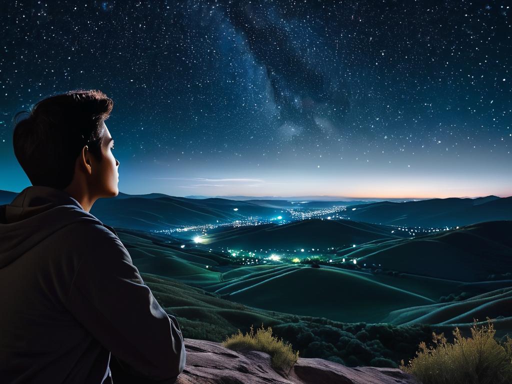 Человек смотрит на ночное звездное небо, размышляя о месте человечества во Вселенной -