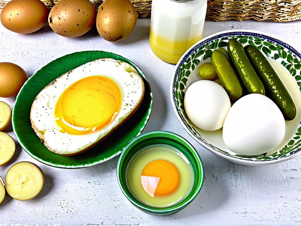 Соленые огурцы, картошка, яйца и миски