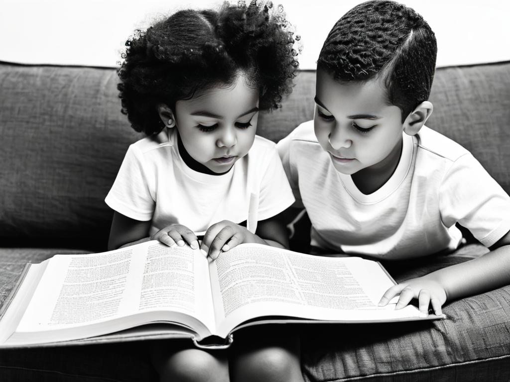 Ребенок читает открытую книгу, взрослый указывает на текст