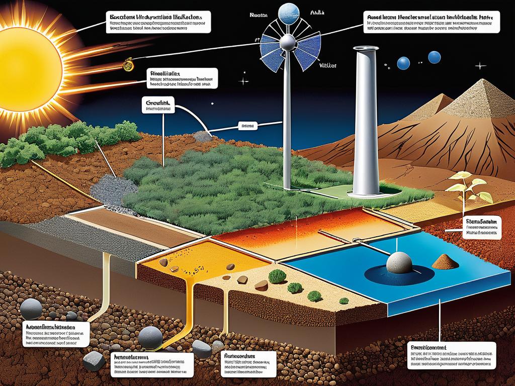 Схема, показывающая природные и искусственные источники радиации - космос, солнце, почва,