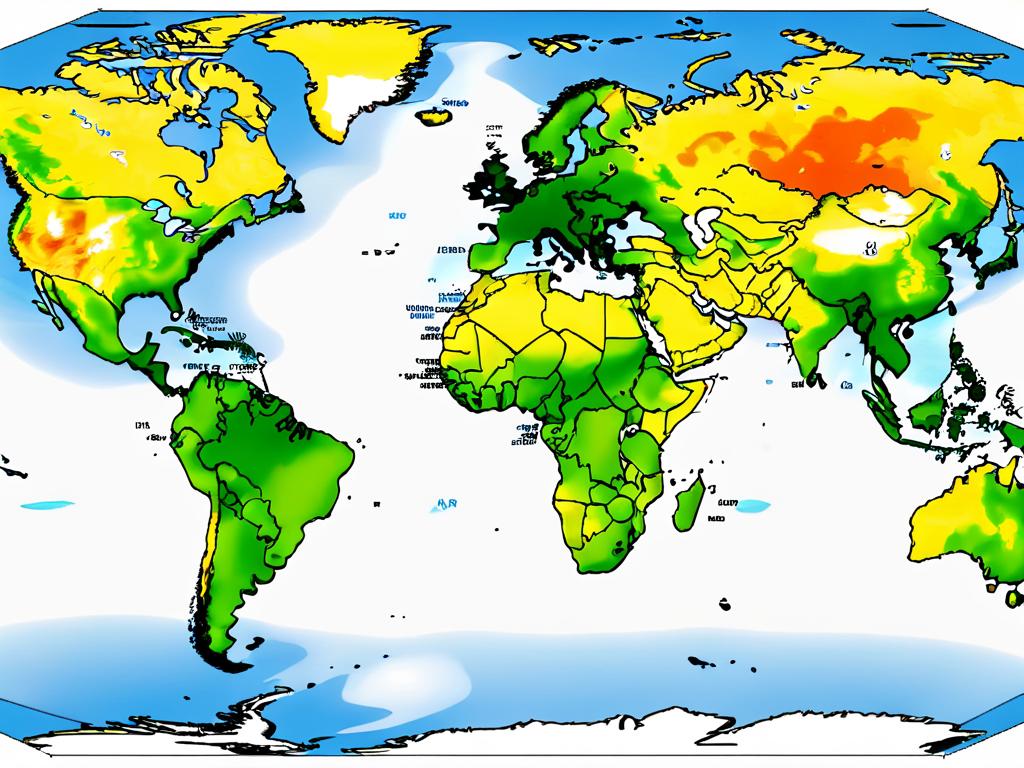 Карта мира, показывающая области с повышенным и пониженным естественным радиационным фоном, дозы