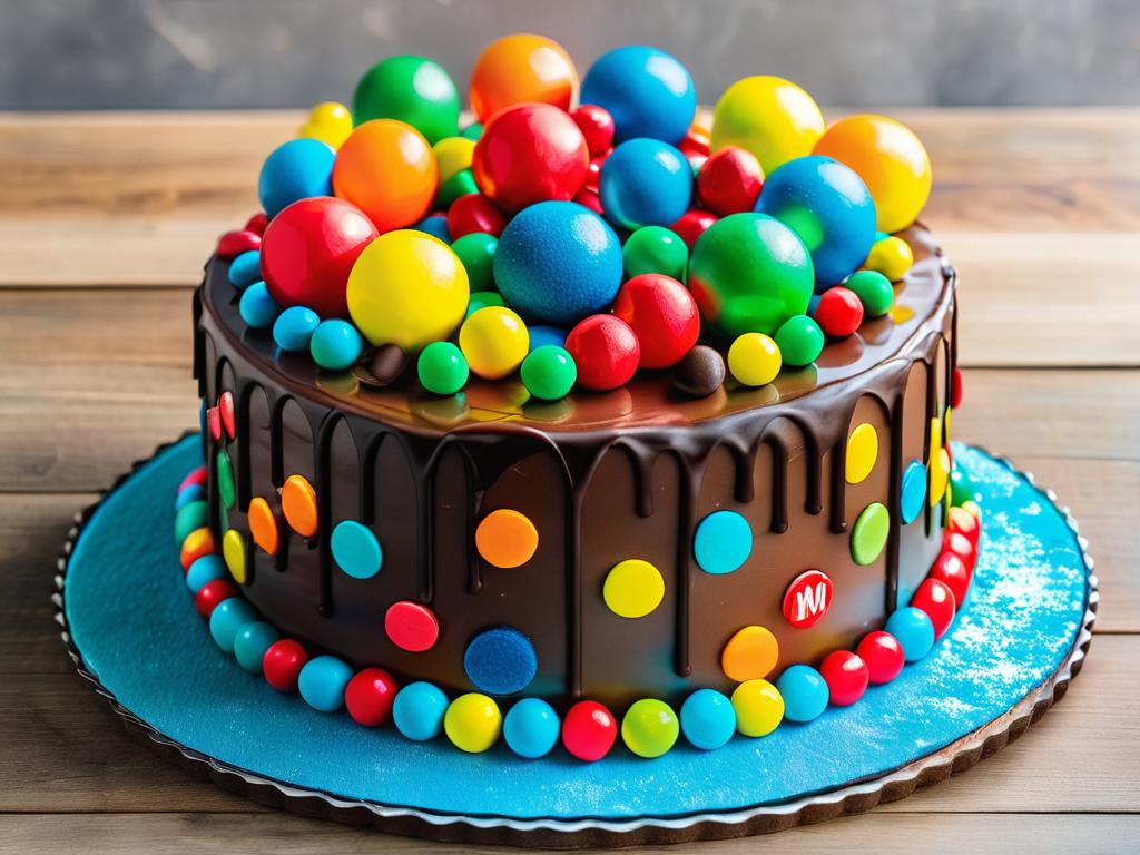 Торт, украшенный конфетами - маршмеллоу, шариками мнмс, шоколадными