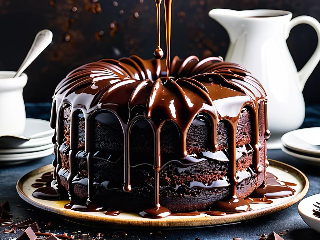 Шоколадный торт, политый расплавленным шоколадом