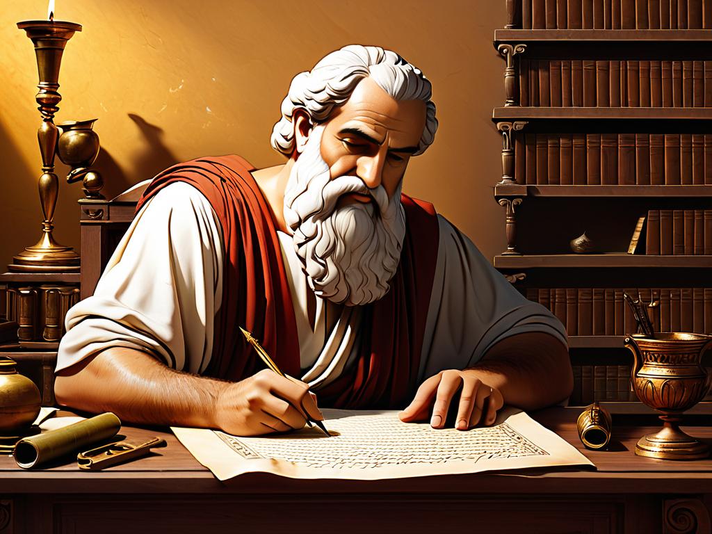 Древнегреческий философ пишет свиток за своим столом