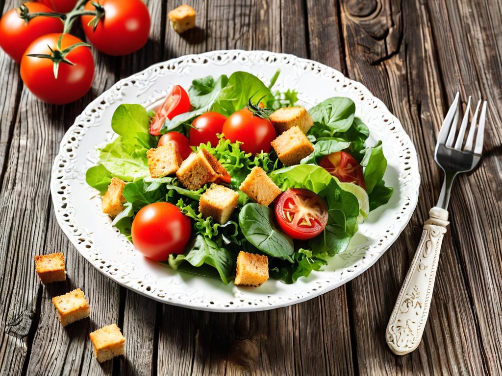 Салат с сухариками, помидорами, колбасой, листьями салата на тарелке на фоне деревянной доски