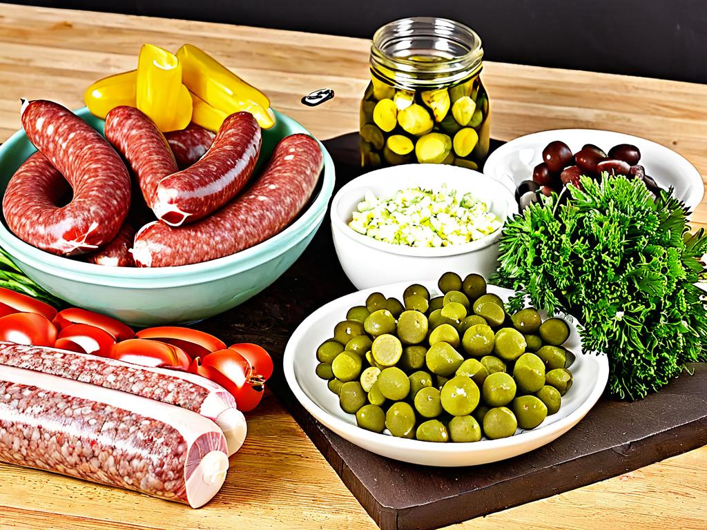 Ингредиенты для салата с колбасой и огурцами
