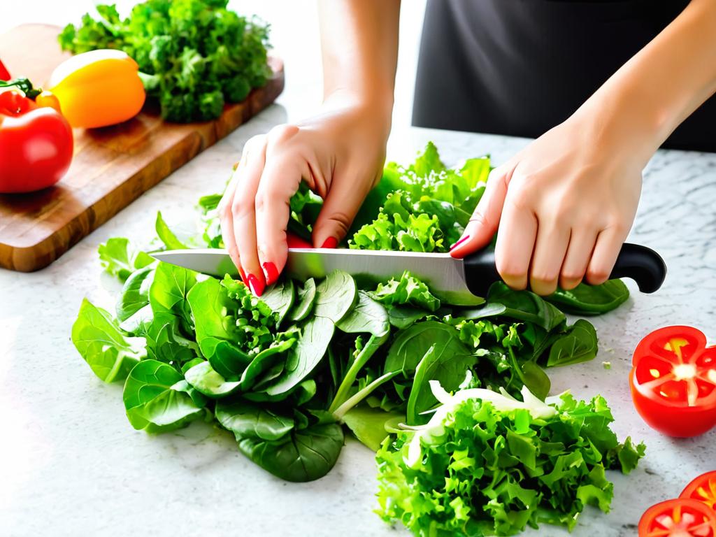 Руки женщины нарезают свежие овощи для салата
