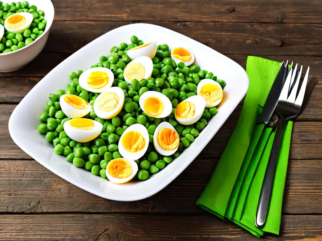 Цветная фотография салата с яйцами, зеленым горошком в белой миске на фоне деревянной столешницы