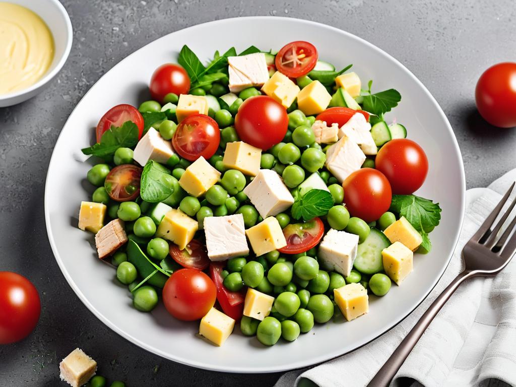 Фотография салата с курицей, горошком, огурцами, помидорами и кубиками сыра в белой тарелке на