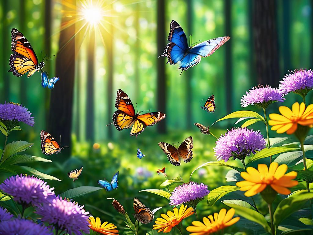 Бабочки питаются на цветах на залитой солнцем лесной поляне