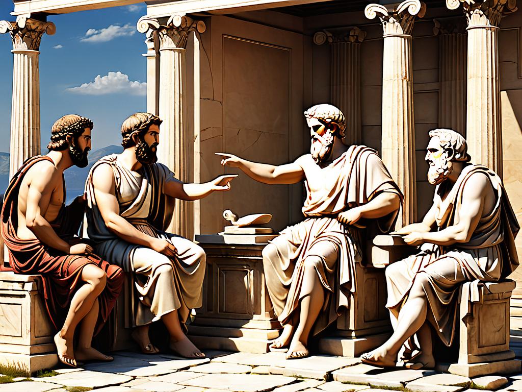 Древнегреческая сцена, изображающая ранних философов, ведущих дискуссии и дебаты