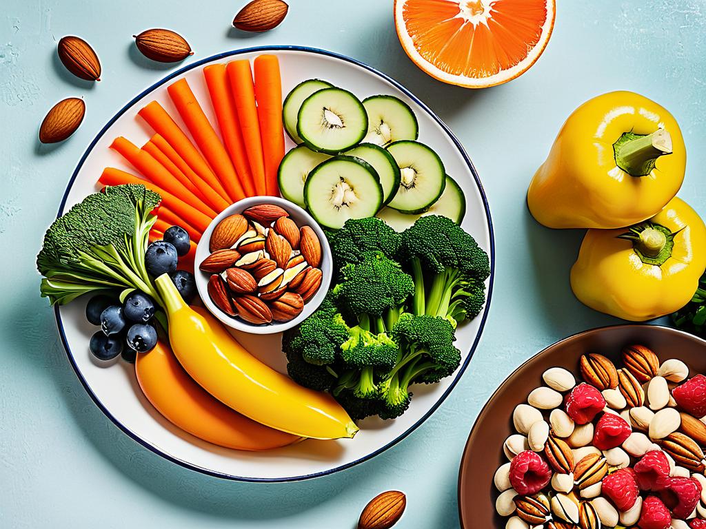 Тарелка со здоровой едой: овощи, фрукты, орехи