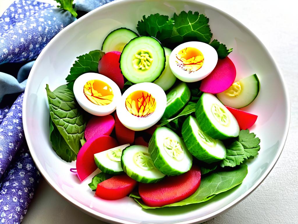 Редис, огурец и вареные яйца для приготовления салата. Здоровый весенне-летний салат.