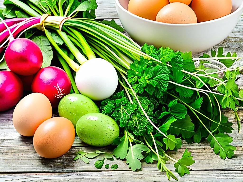 Свежая редиска, огурцы, яйца и зелень для салата. Полезные овощи.