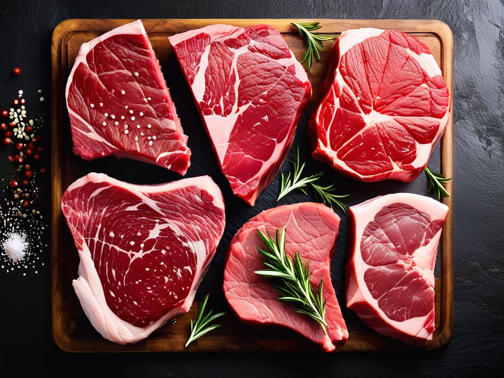 Разнообразие сырого красного мяса вырезки отбивных для выбора при приготовлении блюда рецепта ужина