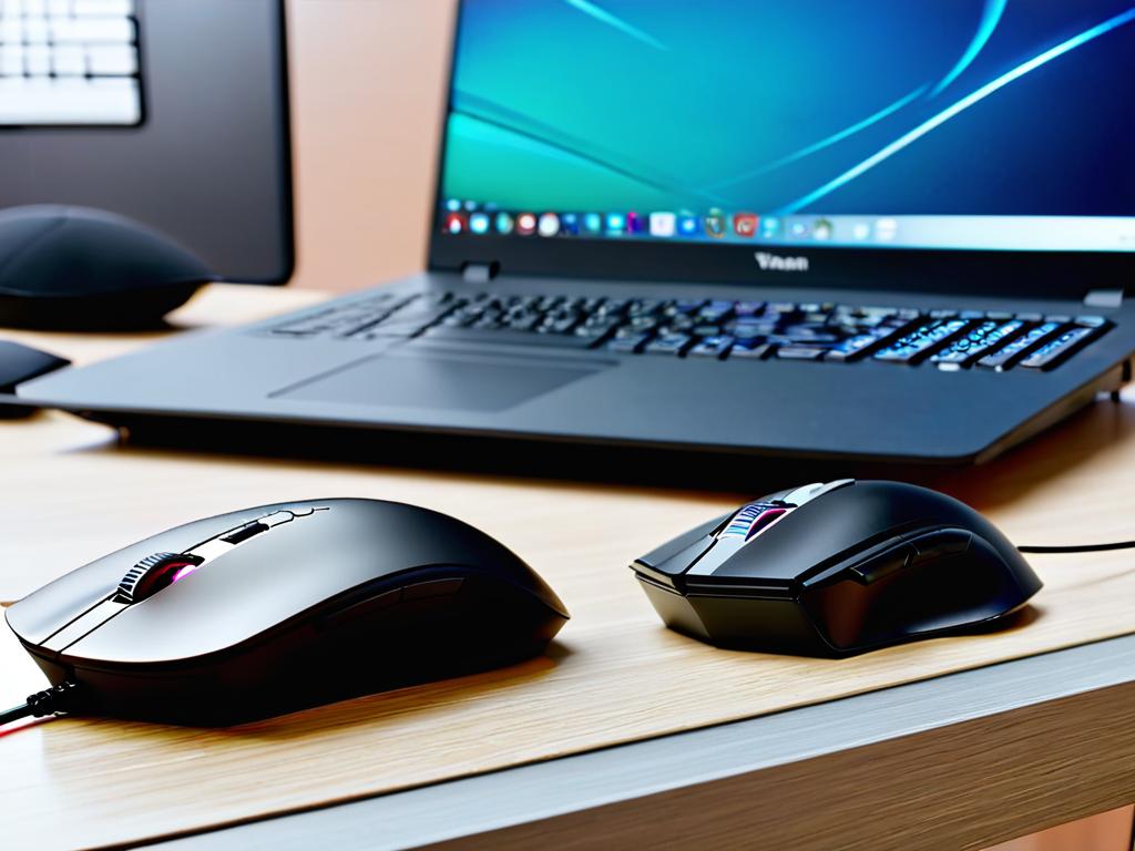 Игровая и беспроводная мышь на столе рядом с ноутбучной клавиатурой