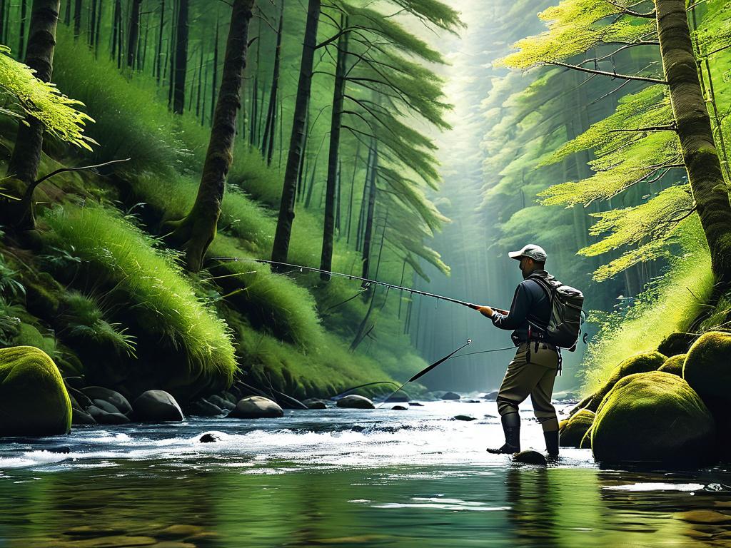 Рыбак ловит в лесной речке телескопическим спиннингом Shimano