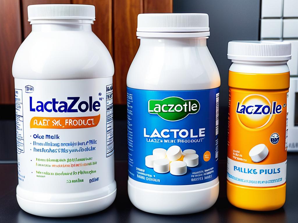 Таблетки Лактазара и молочные продукты, иллюстрирующие правильный режим приема
