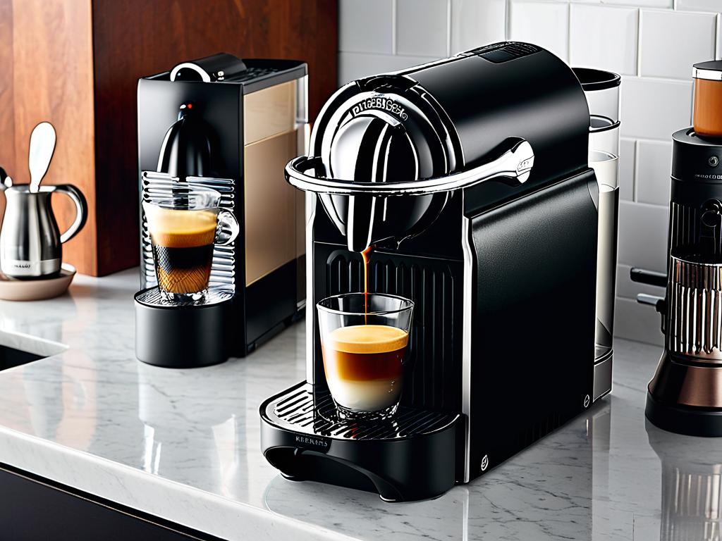 Фото небольшой кофемашины Nespresso, которая занимает мало места на кухонной стойке.
