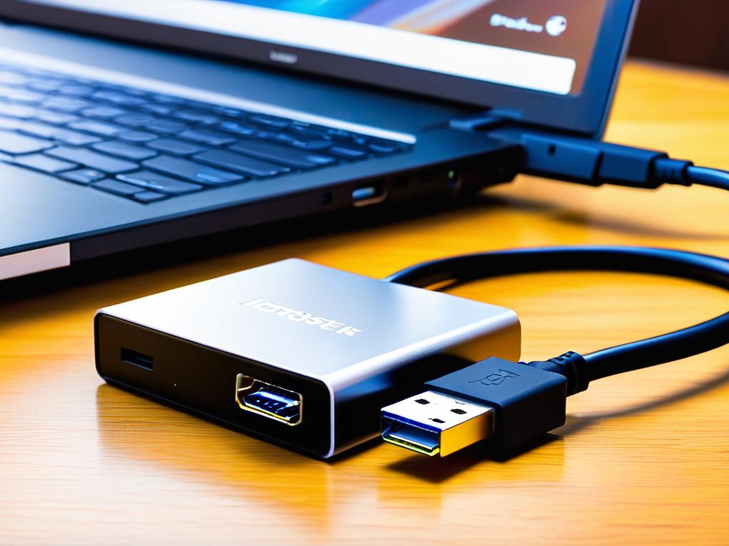 Кабель USB соединяет внешний жесткий диск с ноутбуком для быстрой передачи файлов