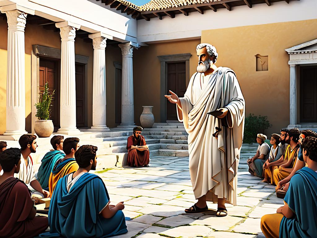 Древнегреческий философ излагает свои идеи ученикам во внутреннем дворике