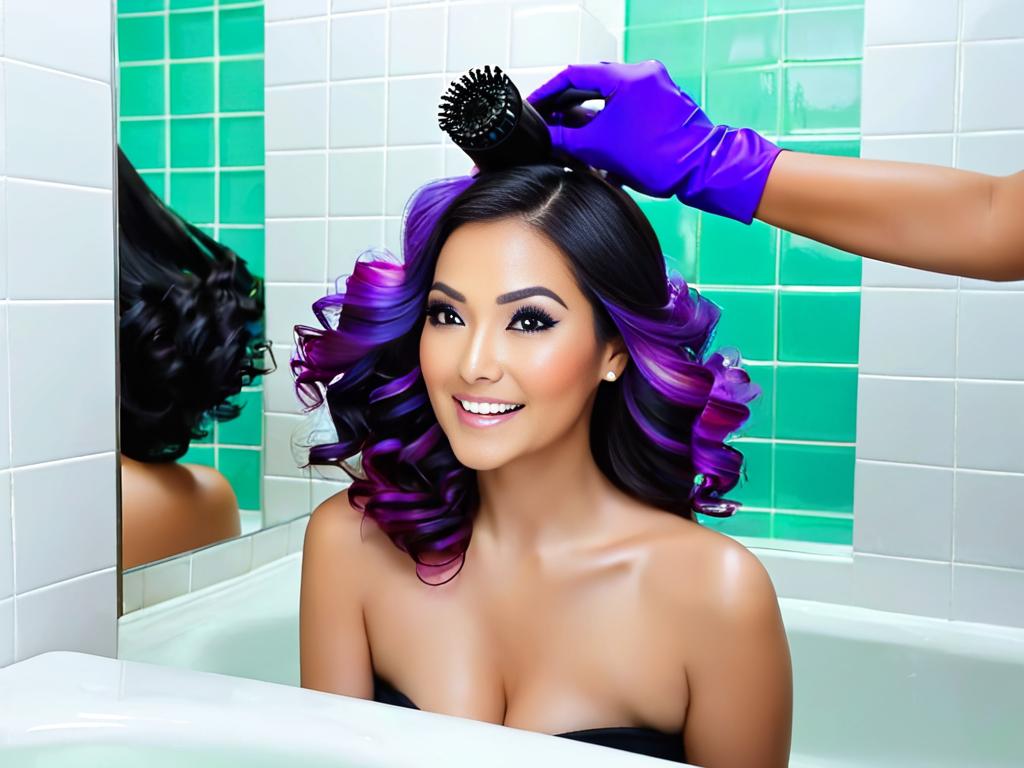 Женщина наносит краску для волос дома в ванной