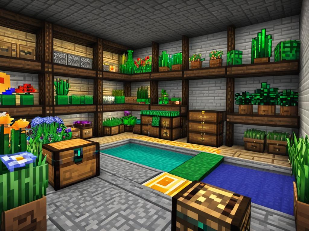 Скриншот красивого интерьера магазина в Майнкрафте с сундуками, рамками и горшками с цветами