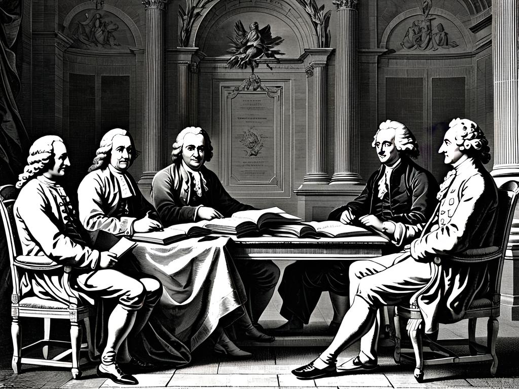 Гравюра с изображением мыслителей эпохи Просвещения, таких как Вольтер, Дидро, Монтескье и Руссо,