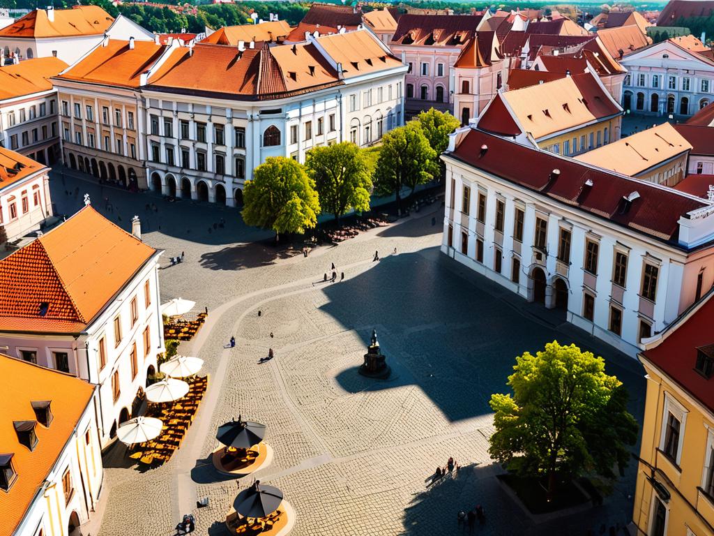 Вид сверху на солнечную средневековую площадь Старого города в Вильнюсе, столице Литвы, с ратушей и