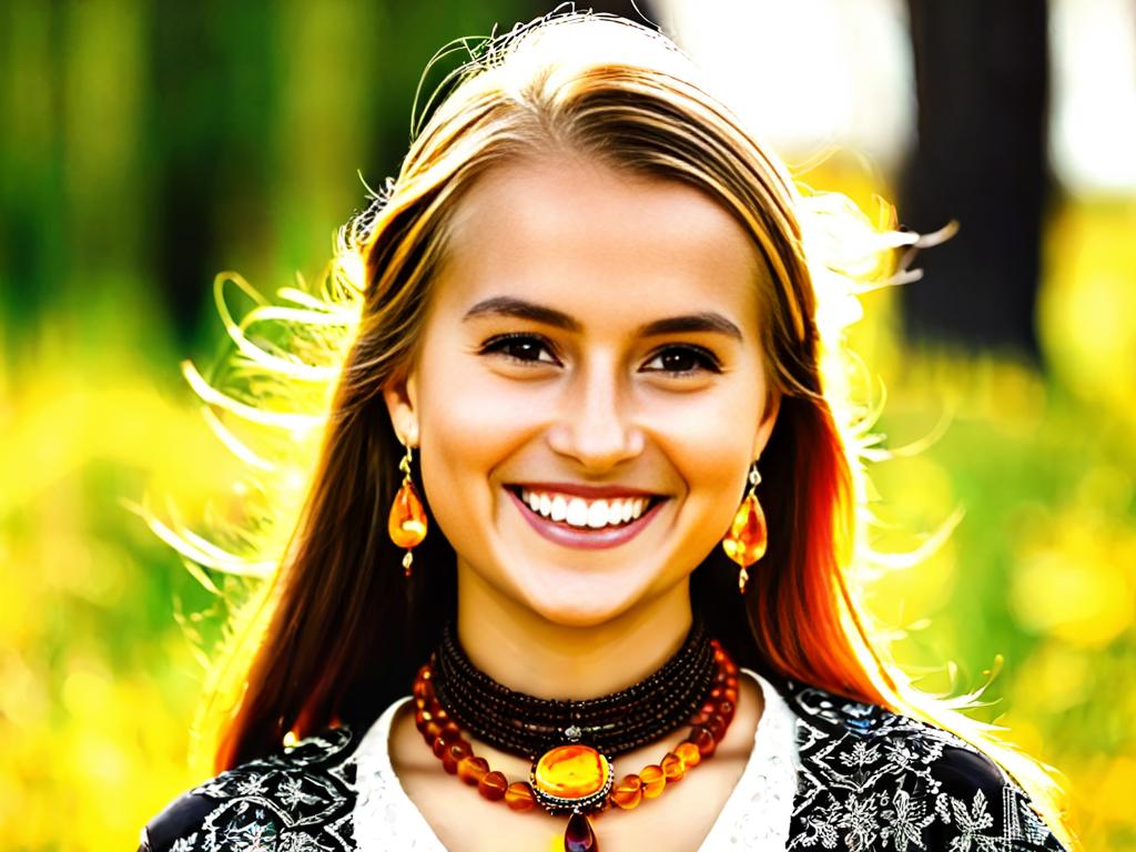 Портрет улыбающейся молодой литовской женщины в традиционных янтарных украшениях.