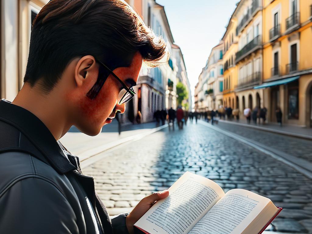 Человек читает книгу, одновременно наблюдая за окружающим миром