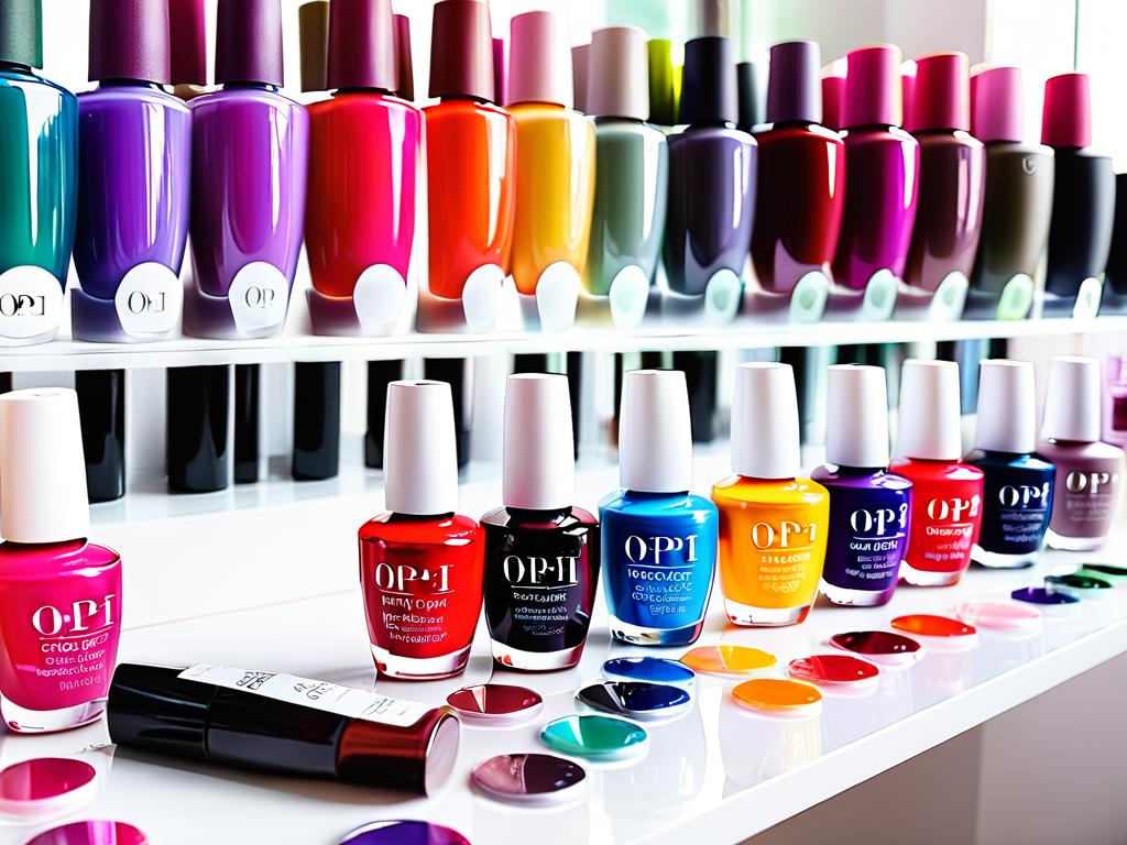 Бутылочки гель лака для ногтей OPI на фоне цветовой палитры