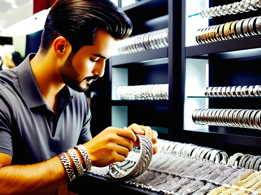Мужчина рассматривает разные серебряные браслеты в ювелирном магазине, выбирая подарок любимому