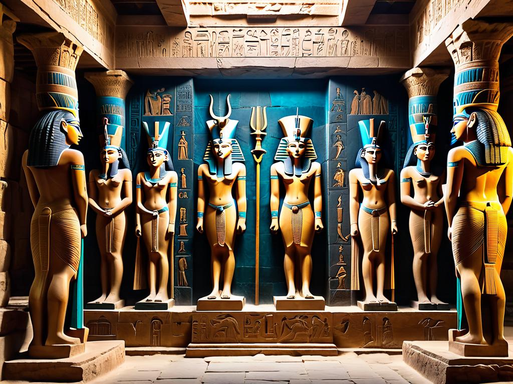 Древние статуи и рельефы египетских богов внутри старого храма
