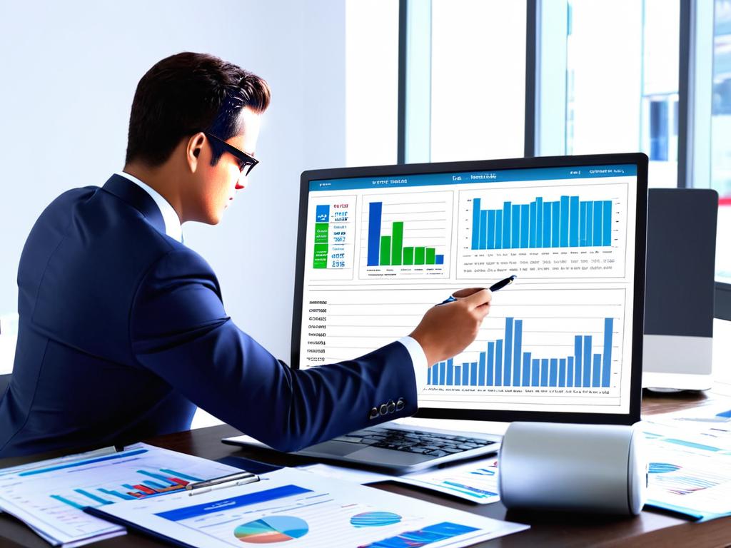 Бизнесмен анализирует финансовые отчеты и графики