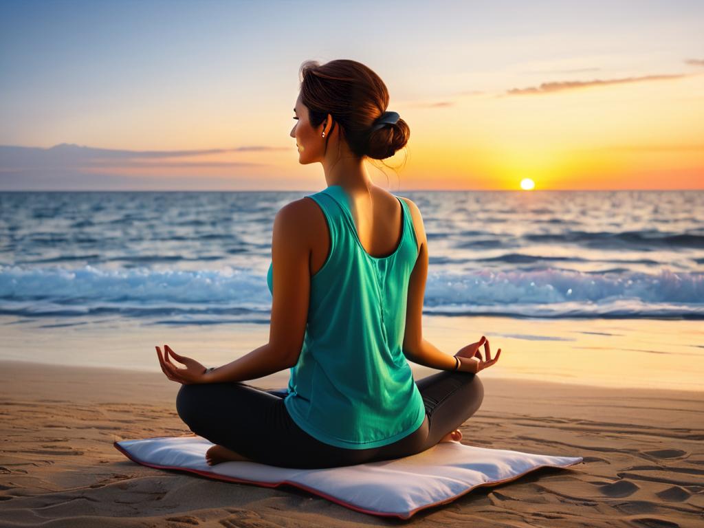 Женщина, сидящая в позе для медитации на пляже и смотрящая на закат