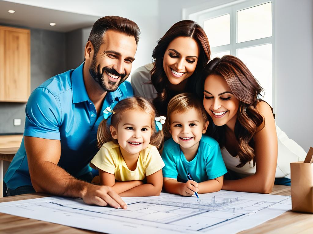 Счастливая семья изучает строительные планы дома