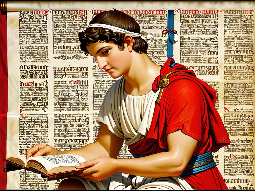Древнегреческий юноша читает свиток письмена перевязанный лентой