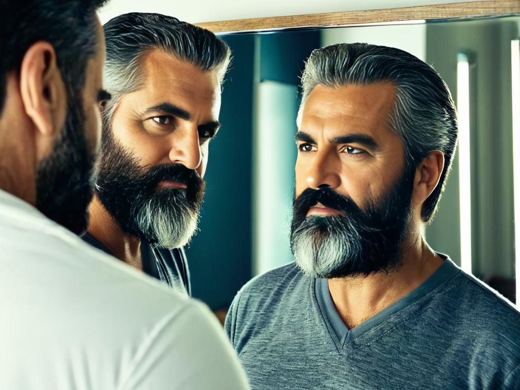 Зрелый мужчина с бородой смотрит в зеркало, размышляя о своей жизни