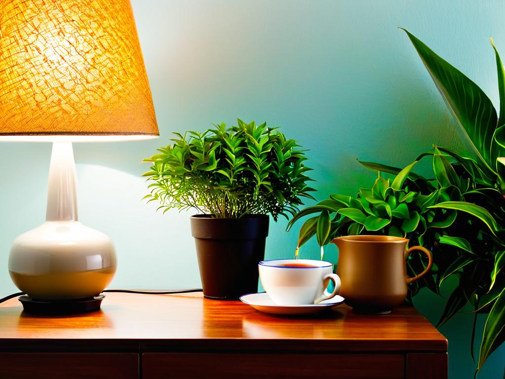 Травяной чай рядом с настольной лампой и комнатным растением