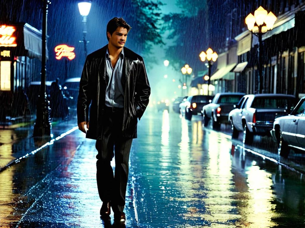 Джош Харнетт идет по ночной дождливой улице Чикаго в сцене из фильма «Одержимость» 2004 года