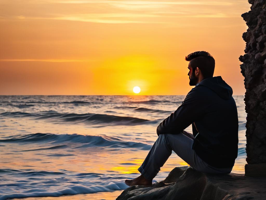 Мужчина смотрит на закат над океаном, размышляя о жизненном выборе